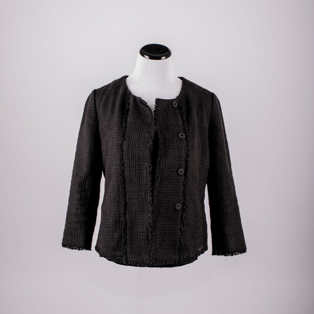 Ann Taylor Black Petite Tweed Fringe Jacket Black